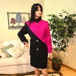 Vintage Bernard Holtzman Woman's Business Suit, Black & Fuchsia, Size 12
